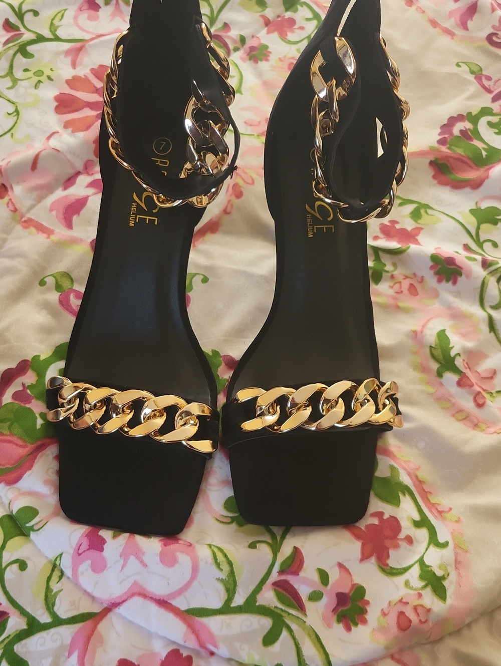 Black Heeled Sandals with Gold Chain Accent - Women's